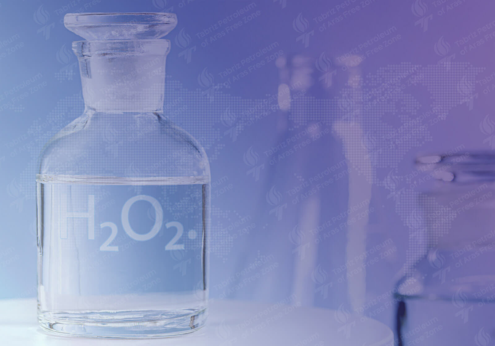 A clear, colorless liquid of hydrogen peroxide, a powerful oxidizing agent with various industrial and household applications.